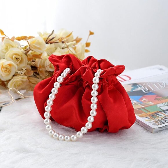 Small Wristlet Purses Mini Bucket Bag Women Hobo Bag with Faux Pearl Chain Red - Picture 5 of 7